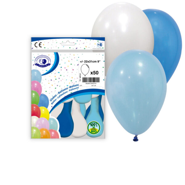 BOLSA 50 GLOBOS MIX CELESTE-AZUL-BLANCO
