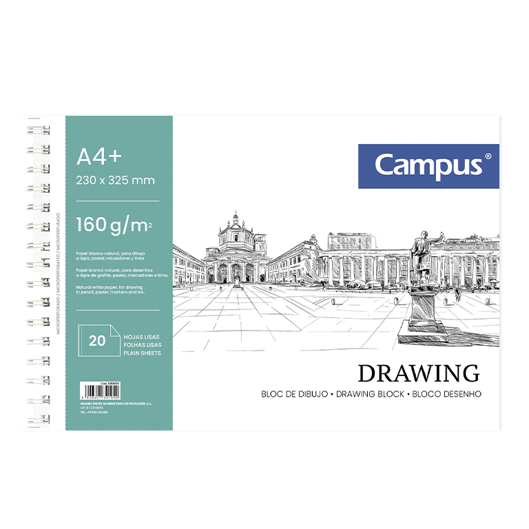 BLOC DE DIBUJO CAMPUS DRAWING A4+ ESPIRAL MICROPERF. 20H 160G. LISO