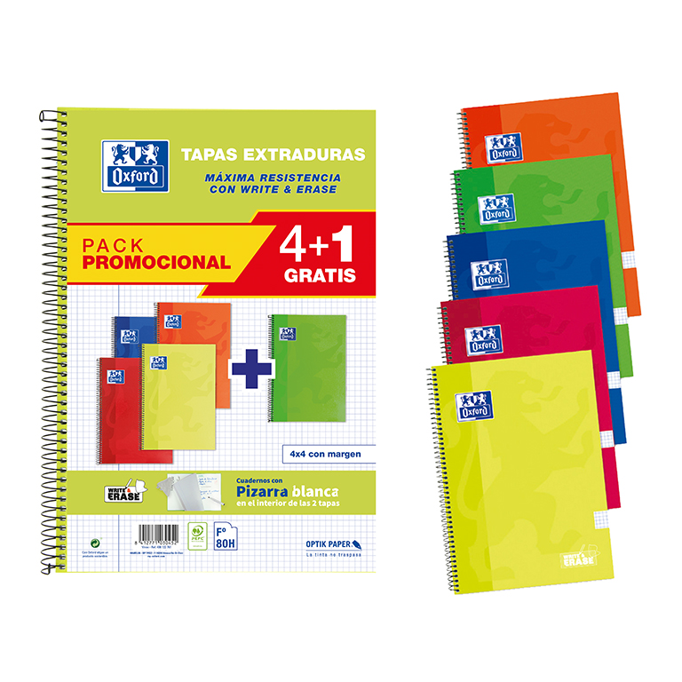 BLOC ESPIRAL OXFORD FOLIO TAPA EXTRADURA 80 HOJAS CUADRÍCULA 4 MM PACK 4+1