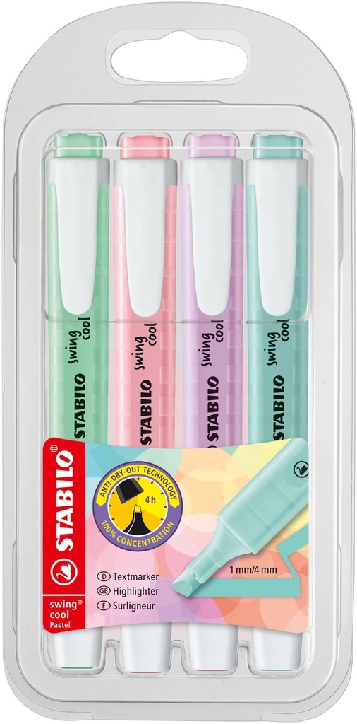 ESTUCHE FLUORESCENTE STABILO SWING COOL PASTEL 4U