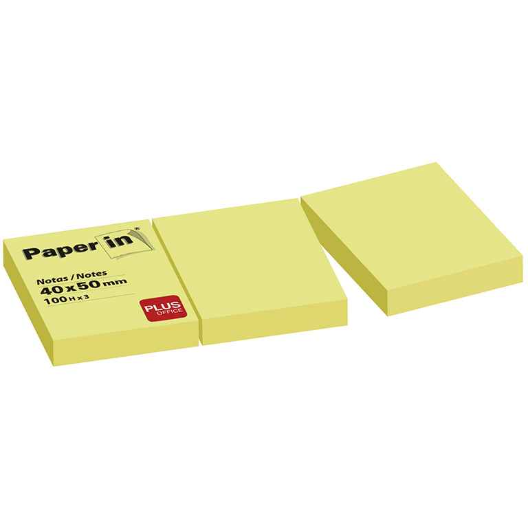 BLOC NOTAS ADHESIVAS PAPER IN PLUS OFFICE 40 X 50 MM AMARILLAS 3 BLOCS 100 HOJAS
