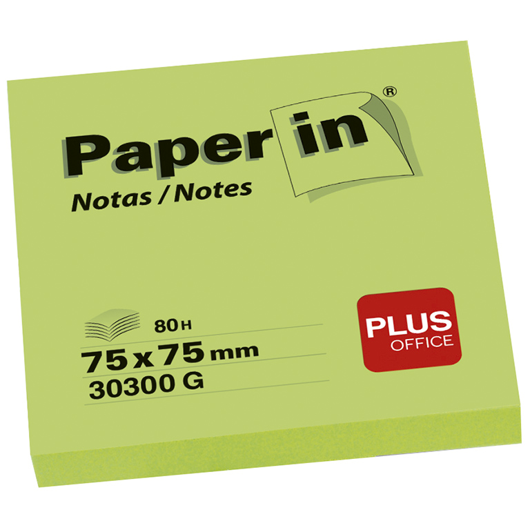 BLOC NOTAS ADHESIVAS PAPER IN PLUS OFFICE 75 X 75 MM VERDE FLUOR 80 HOJAS