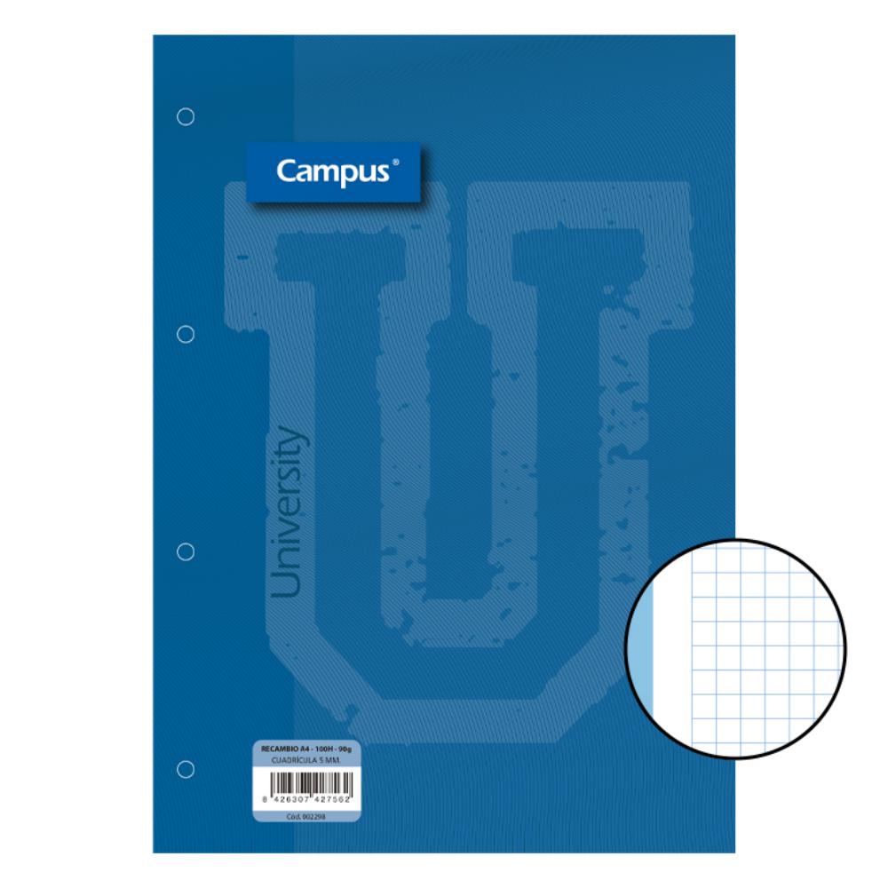 RECAMBIO CAMPUS A4 100 HOJAS 90G CUADRICULA 5 MM BANDA AZUL CLARO