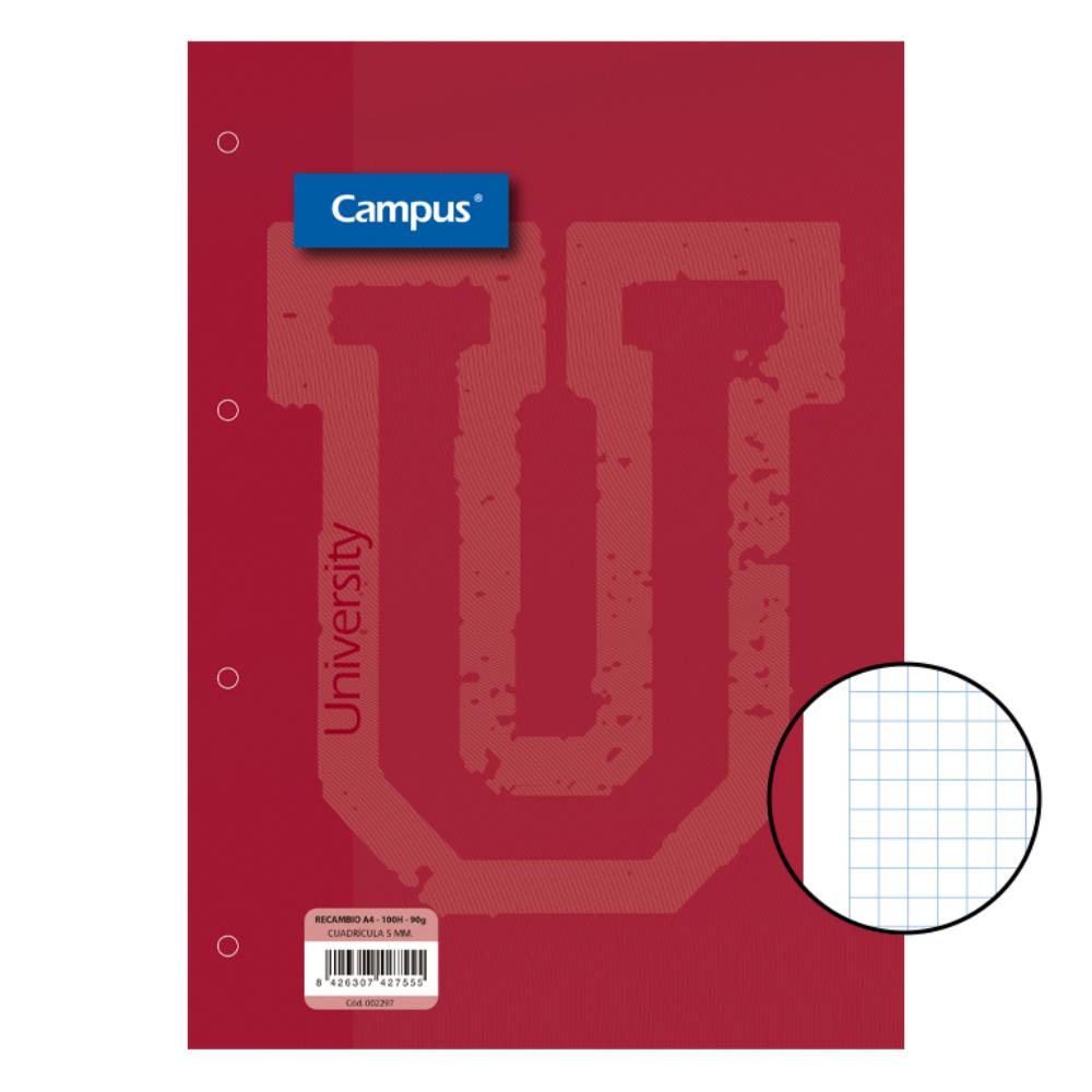RECAMBIO CAMPUS A4 100H 90G CUADRICULA 5 MM BANDA ROJA