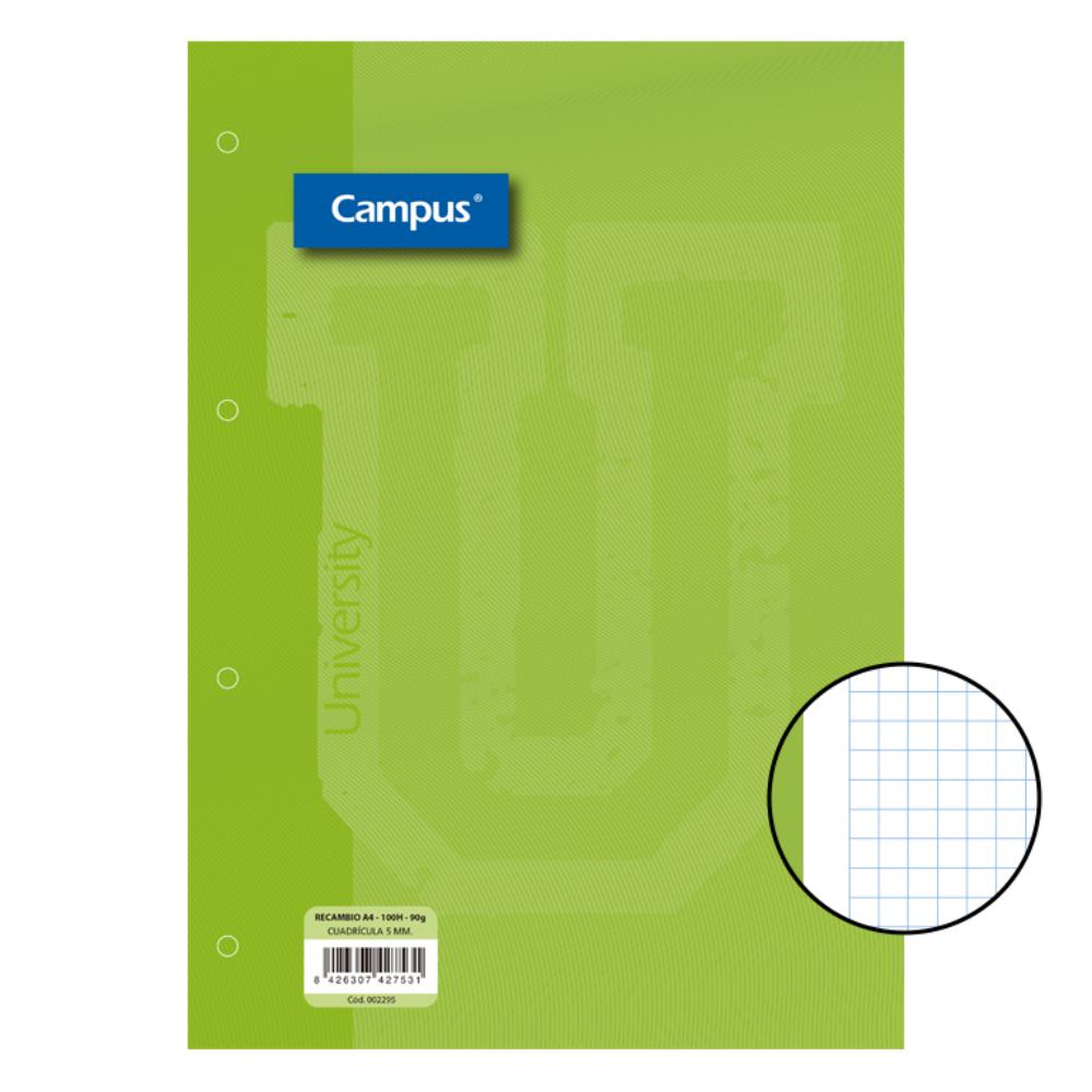 RECAMBIO CAMPUS A4 100 HOJAS 90G CUADRICULA 5 MM BANDA VERDE