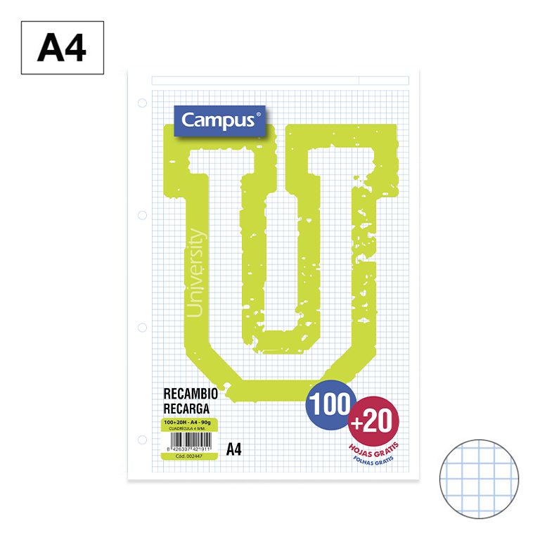 RECAMBIO CAMPUS A4 100+20 HOJAS 90G CUADRICULA 4 MM TURQUESA