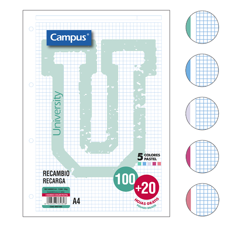 RECAMBIO CAMPUS A4 100+20 HOJAS 90G CUADRICULA 5 MM BANDAS COLORES PASTEL