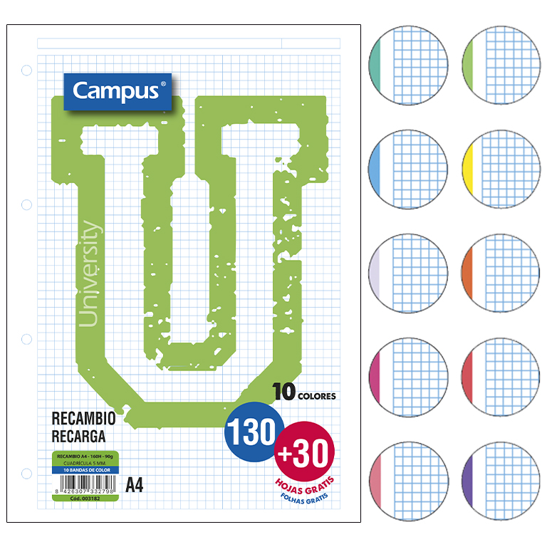 RECAMBIO CAMPUS A4 130+30 HOJAS 90G CUADRICULA 5 MM BANDAS COLORES VIVOS+PASTEL