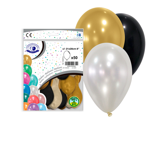 BOLSA 50 GLOBOS MIX I PLATA-ORO-NEGRO