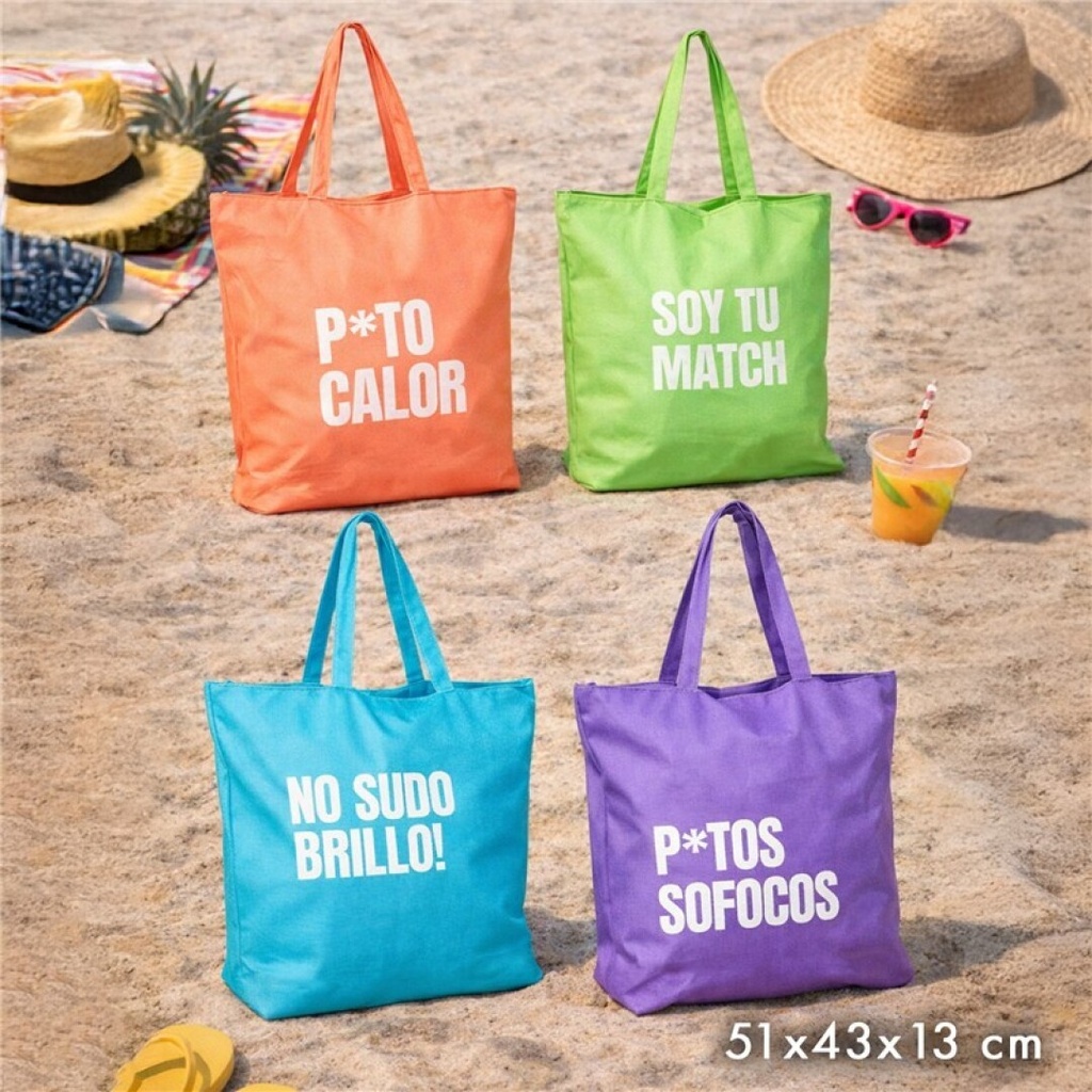 BOLSA PLAYA FRASES CALOR-ES 51X13X43CM SURT/4