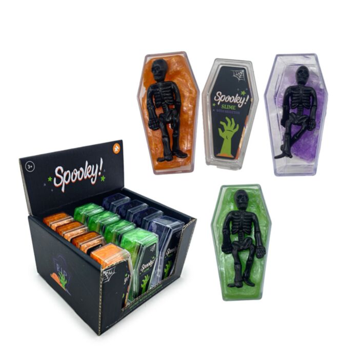 JUGUETE DE ATAUD CON ESQUELETO Y SLIME SPOOKY ESPELUZNANTE