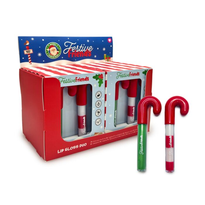 SET DE 2 BRILLOS DE LABIOS EN FORMA DE BASTON DE NAVIDAD FESTIVE FRIENDS