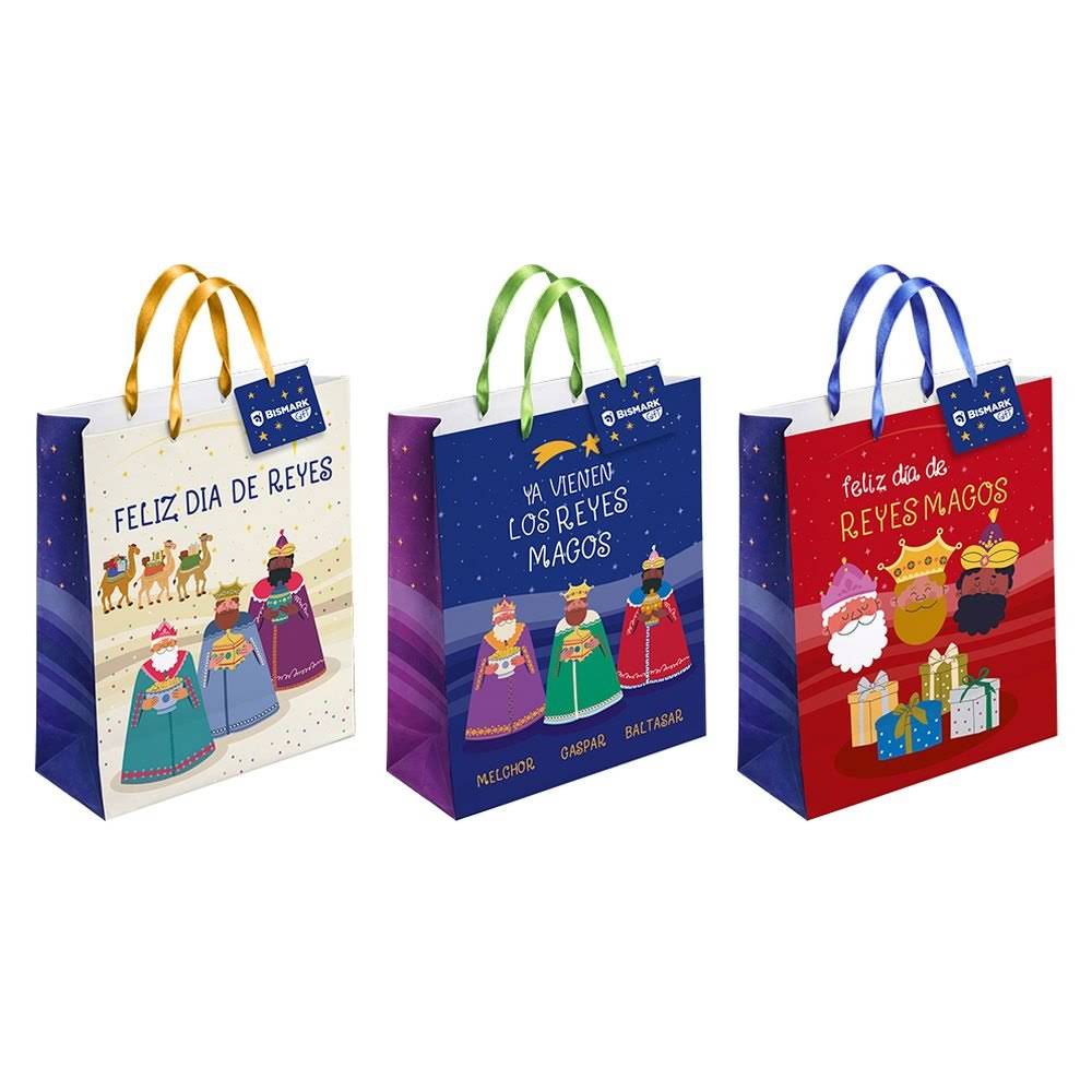 BOLSA PAPEL REYES MAGOS L FOIL CON TARJETA COLGANTE