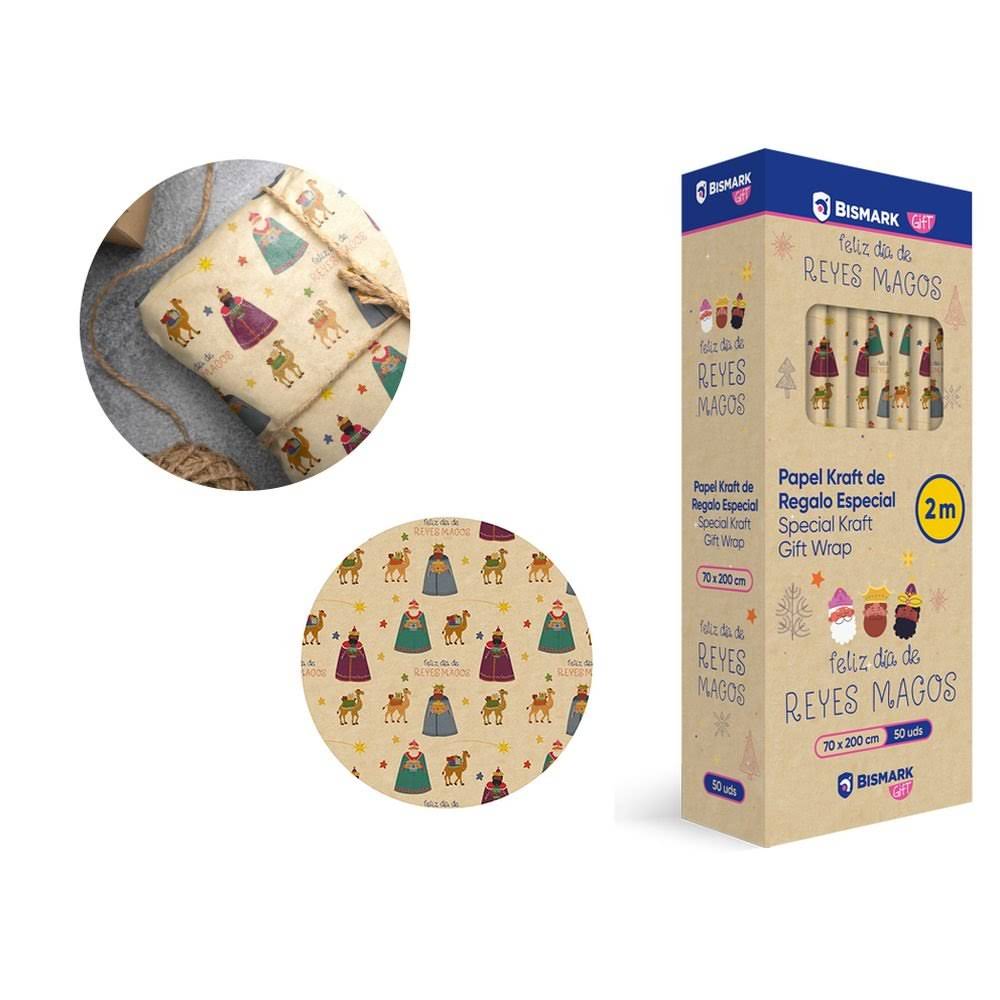 PAPEL DE REGALO KRAFT REYES MAGOS FRASE 70X200 50UD