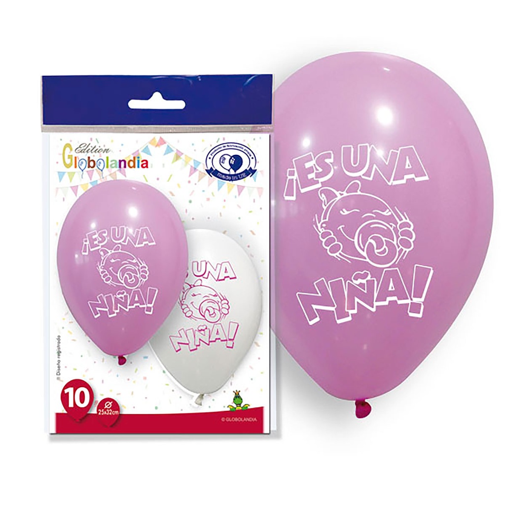 GLOBOS 11" IMPRESOS "ES UN NIÑA" PASTEL BOLSA DE 10UD
