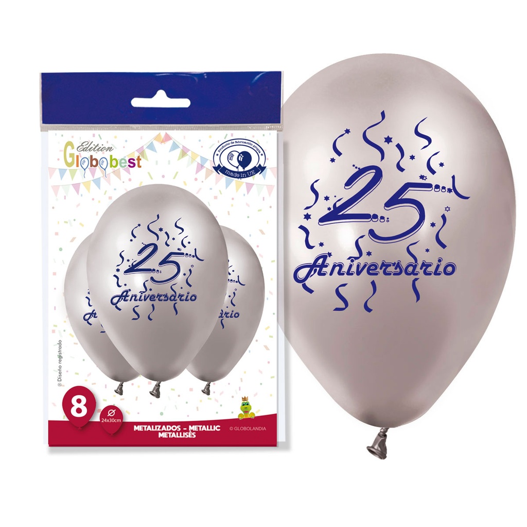 GLOBOS 25 ANIVERSARIO PLATA METALIZADO 11" BOLSA DE 8UD