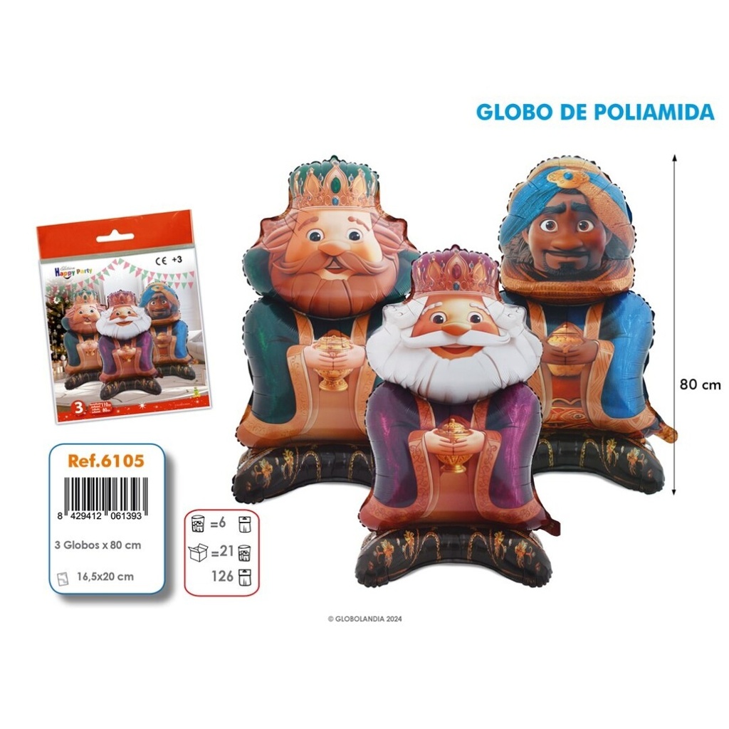 GLOBO POLIAMIDA 3 REYES MAGOS 80CM BOLSA 3UD