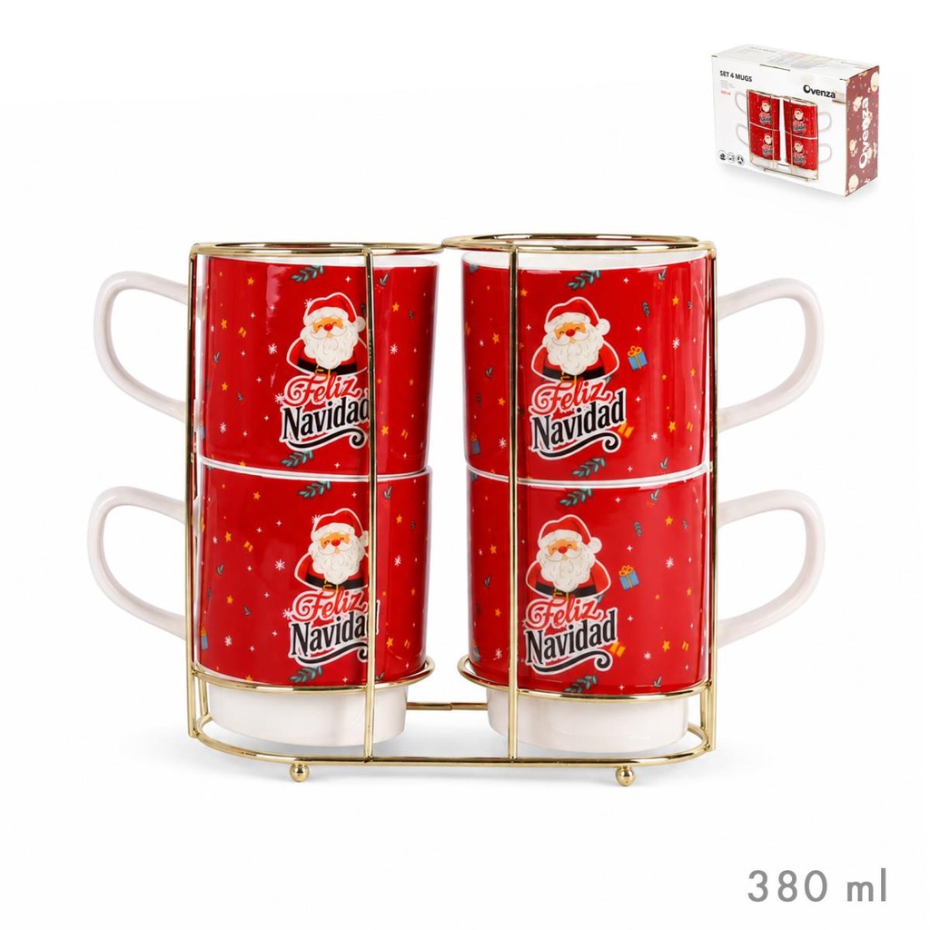 SET 4 TAZAS CAFE L SOPORTE ORO PAPA NOEL