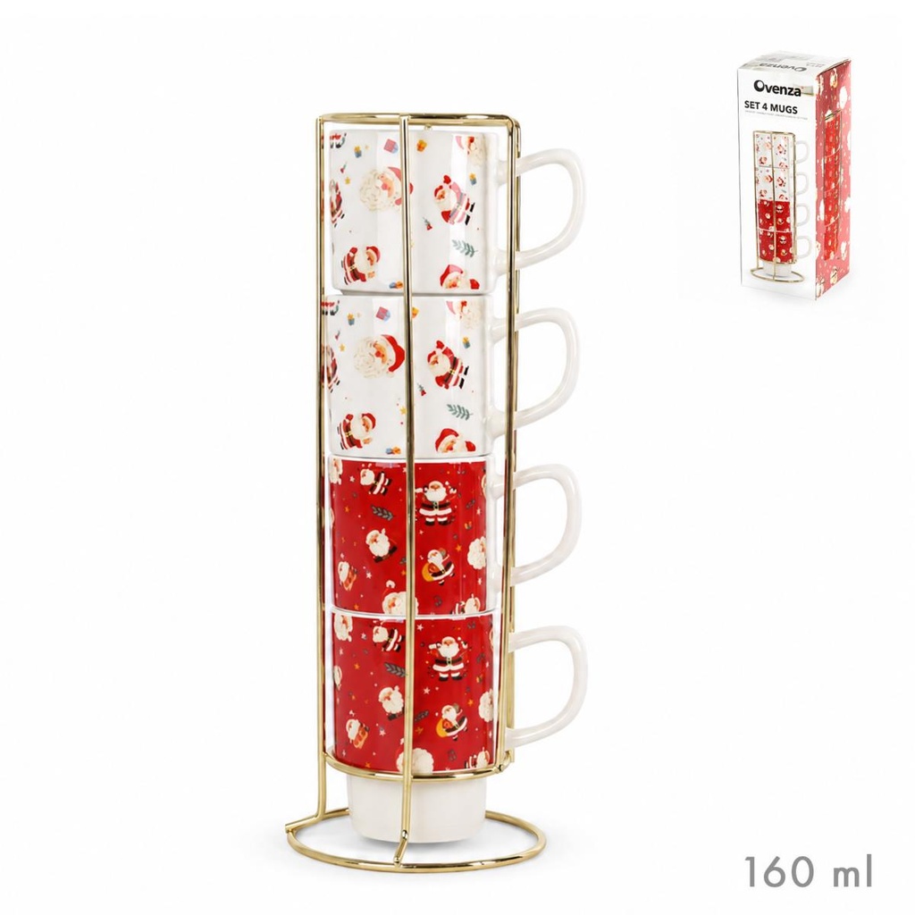 SET 4 TAZAS CAFE M SOPORTE DORADO PAPA NOEL SUR