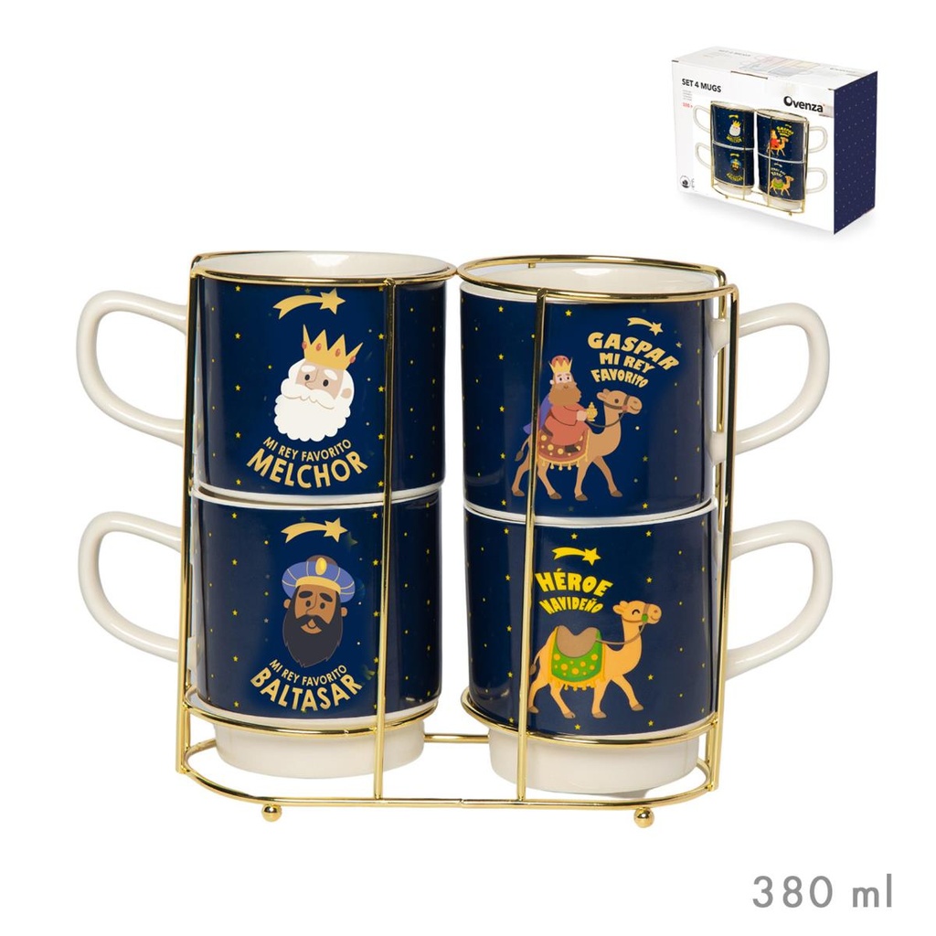 SET 4 TAZAS CAFE L EN SOPORTE DORADO REYES MAGOS