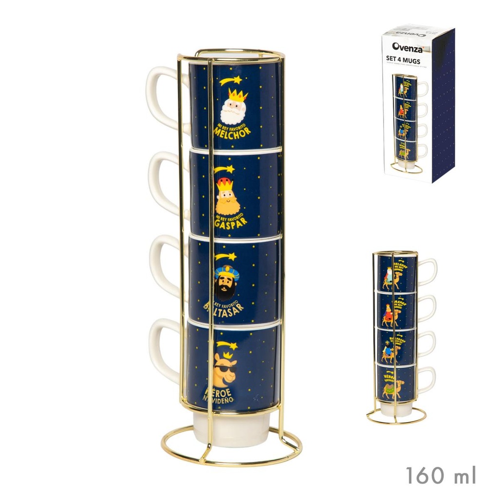 SET 4 TAZAS CAFE M EN SOPORTE DORADO REYES MAGOS
