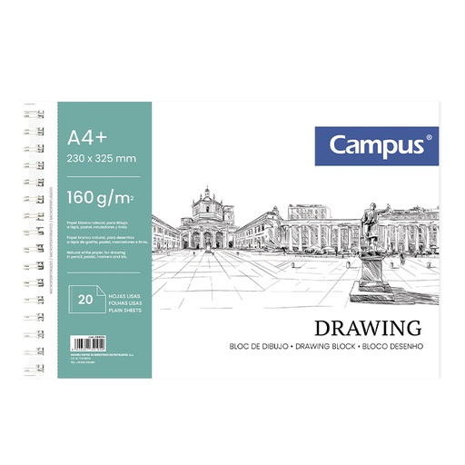 [600659] BLOC DE DIBUJO CAMPUS DRAWING A4+ ESPIRAL MICROPERF. 20H 160G. LISO
