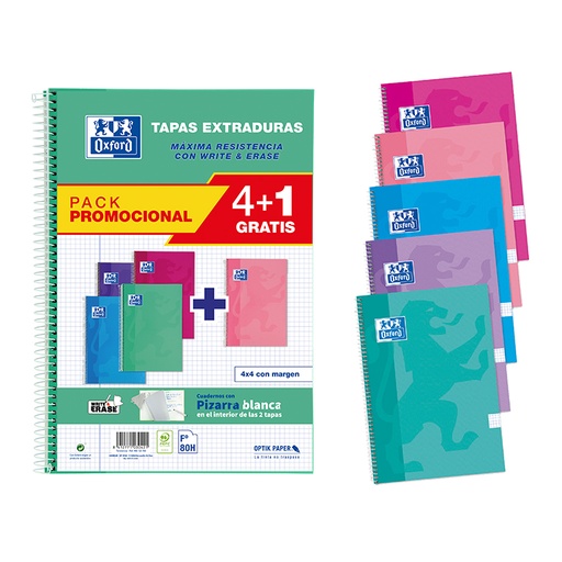 [002343] BLOC ESPIRAL OXFORD FOLIO TAPA EXTRADURA 80 HOJAS CUADRICULA 4 MM PACK 4+1
