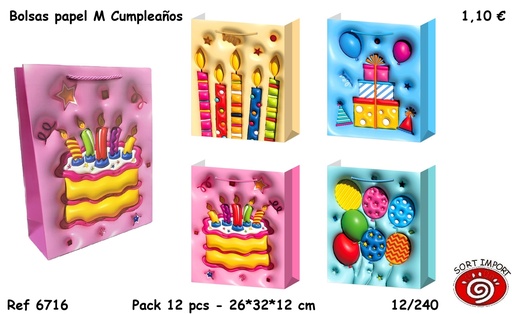 [000254] BOLSAS PAPEL M SIMIL 3D CUMPLEAÑOS 6716