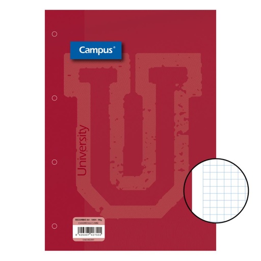 [002297] RECAMBIO CAMPUS A4 100H 90G CUADRICULA 5 MM BANDA ROJA
