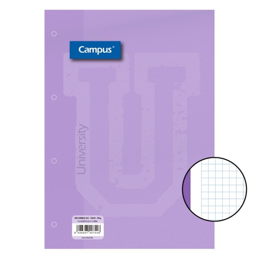 [002296] RECAMBIO CAMPUS A4 100H 90G CUADRICULA 5 MM BANDA VIOLETA