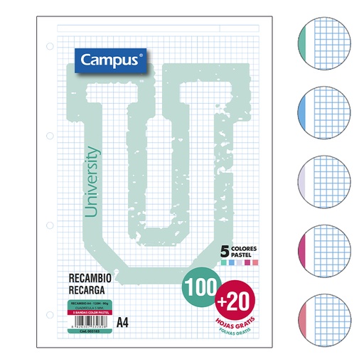 [003183] RECAMBIO CAMPUS A4 100+20H 90G 5 MM BANDAS COLORES PASTEL