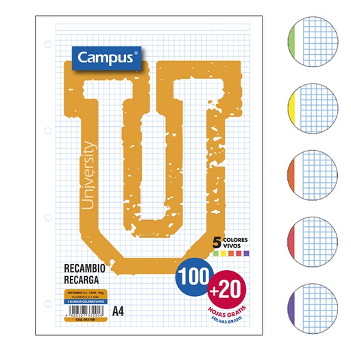 [003188] RECAMBIO CAMPUS A4 100+20H 90G 5 MM BANDAS COLORES VIVOS