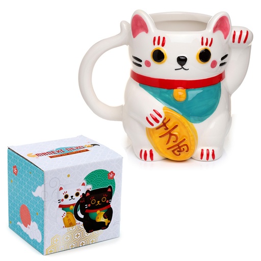 [973842] TAZA DE CERAMICA 3D C/FORMA GATO MANEKI NEKO BLANCO