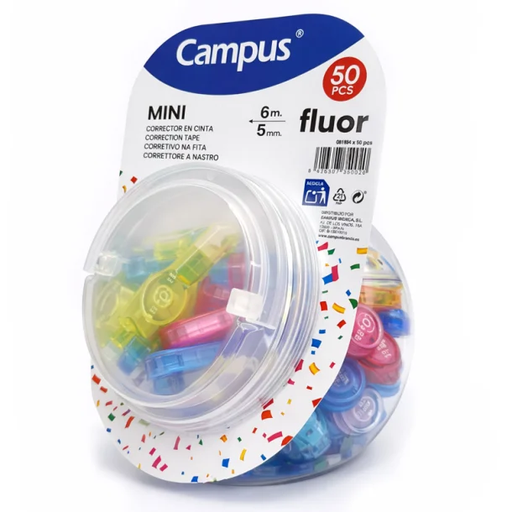 [081854] CORRECTOR EN CINTA CAMPUS MINI COLORES FLUOR 5MM X 6M EXPOSITOR 50 UD.