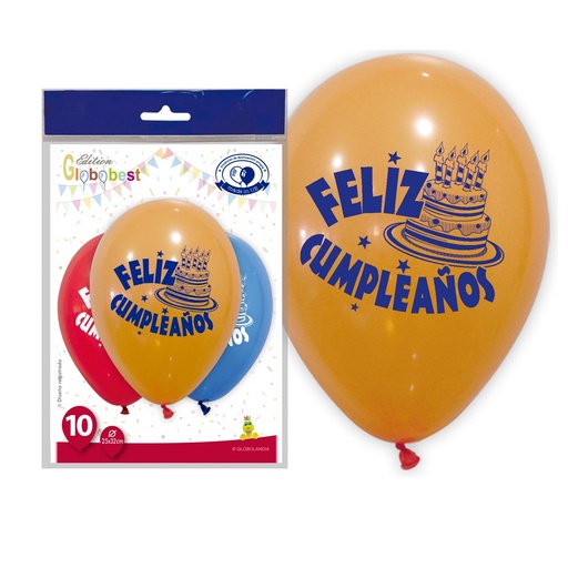 [1019053] BOLSA 10 GLOBOS FELIZ CUMPLEAÑOS CON TARTA