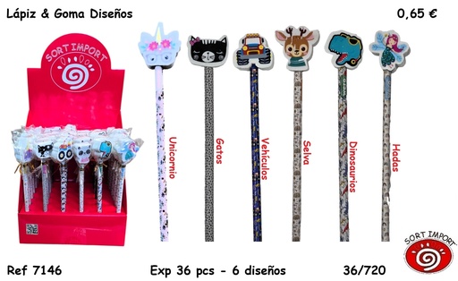 [999384] LAPIZ CON GOMA 6 DISEÑOS