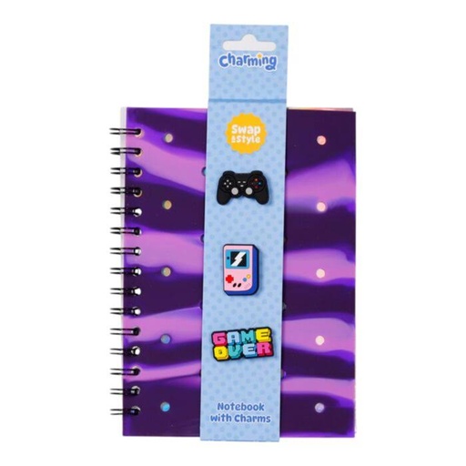 [1000034] LIBRETA A5 DE PAPEL RECICLADO A RAYAS CON CHARMS DE GAME OVER