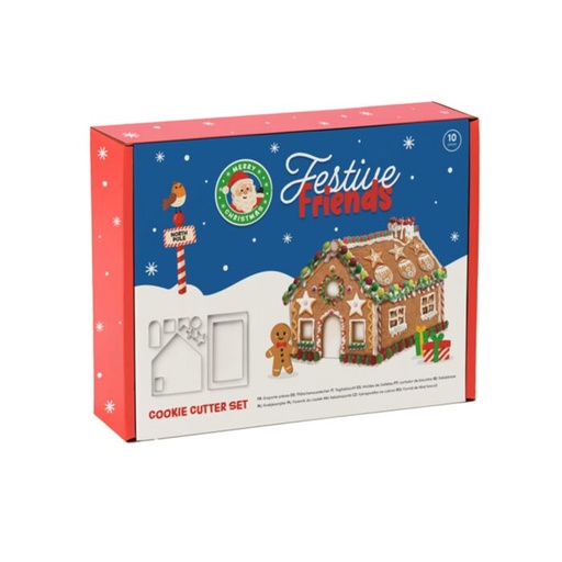 [1000351] SET DE 10 CORTADORES DE GALLETAS CASA DE JENGIBRE NAVIDAD FESTIVE FRIENDS