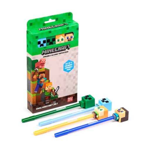 [001587] SET DE 4 BOLIGRAFOS BORRABLES CON TOPE DE SILICONA CHIBI DE MINECRAFT