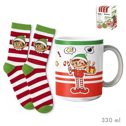 [001832] TAZA CON CALCETIN EN CAJA ELFO TRAVIESO