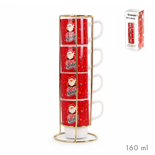 [002072] SET 4 TAZAS CAFE M SOPORTE ORO PAPA NOEL