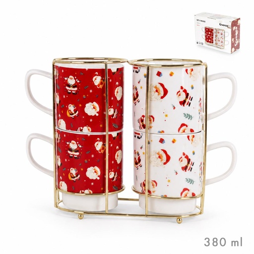[002076] SET 4 TAZAS CAFE L SOPORTE DORADO PAPA NOEL SURT