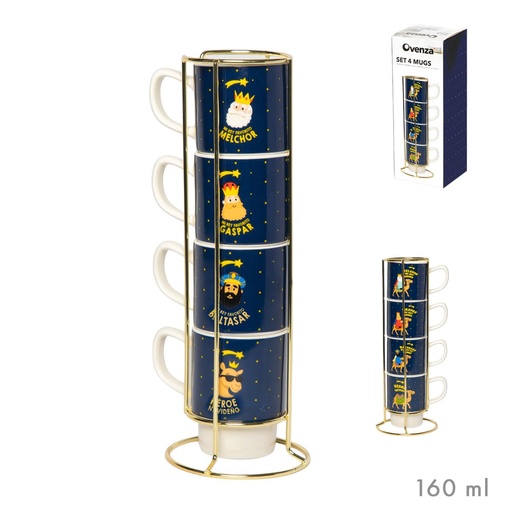 [002080] SET 4 TAZAS CAFE M EN SOPORTE DORADO REYES MAGOS